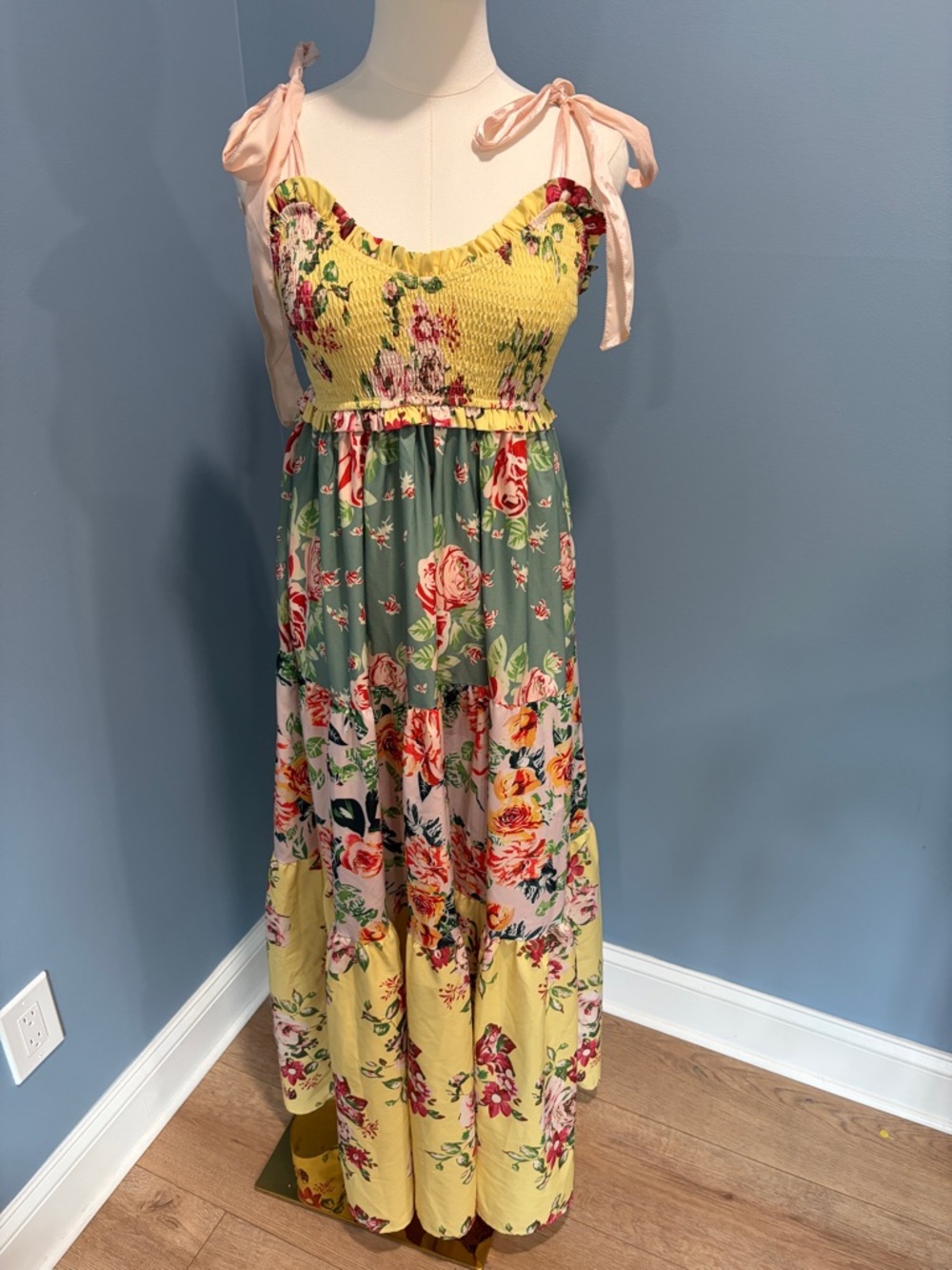 Floral Tiered Maxi Dress with Tie Straps - Yellow Multi - Picture 3 of 9